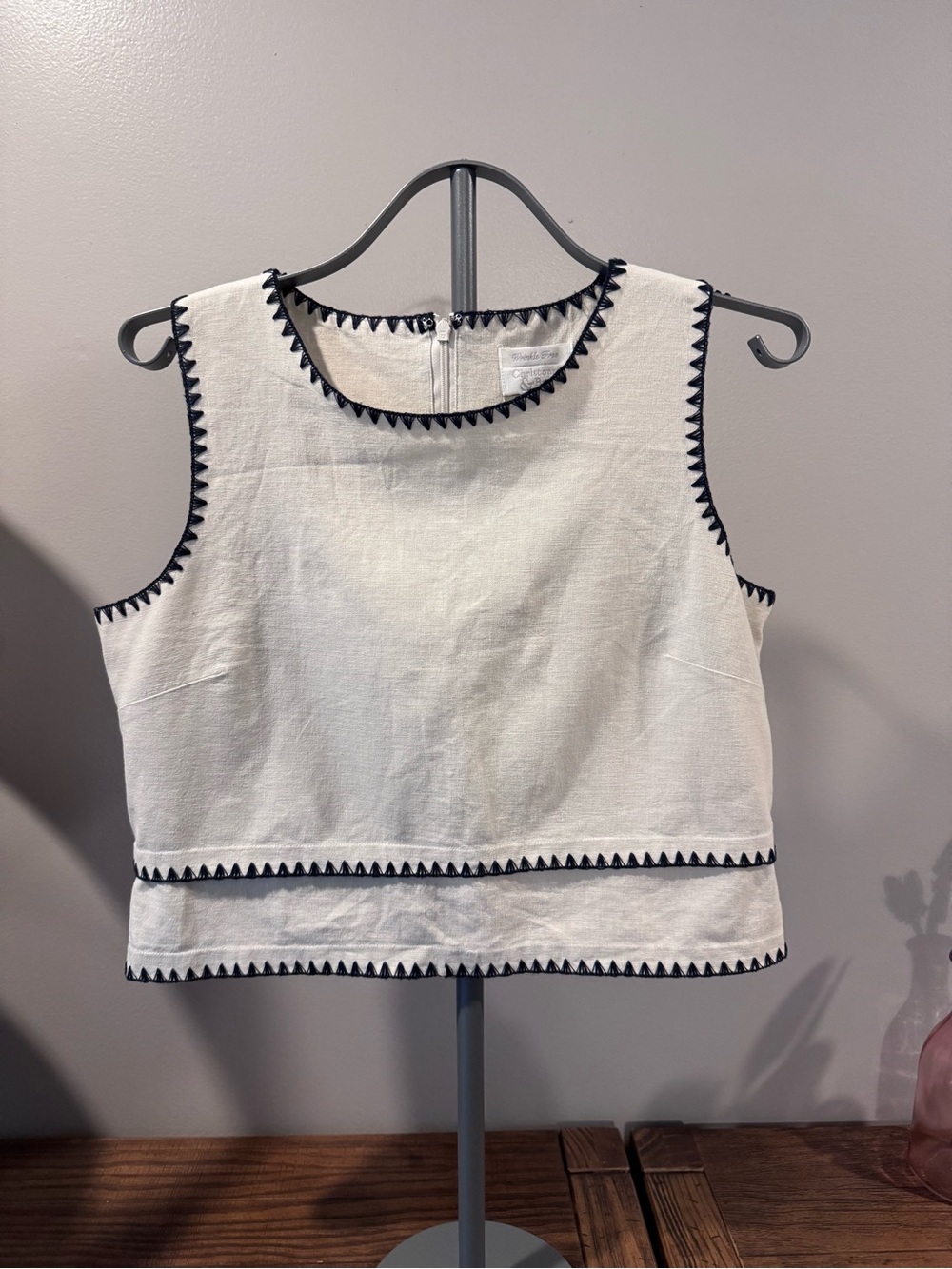 Sleeveless White Cropped linen Top with Black Trim